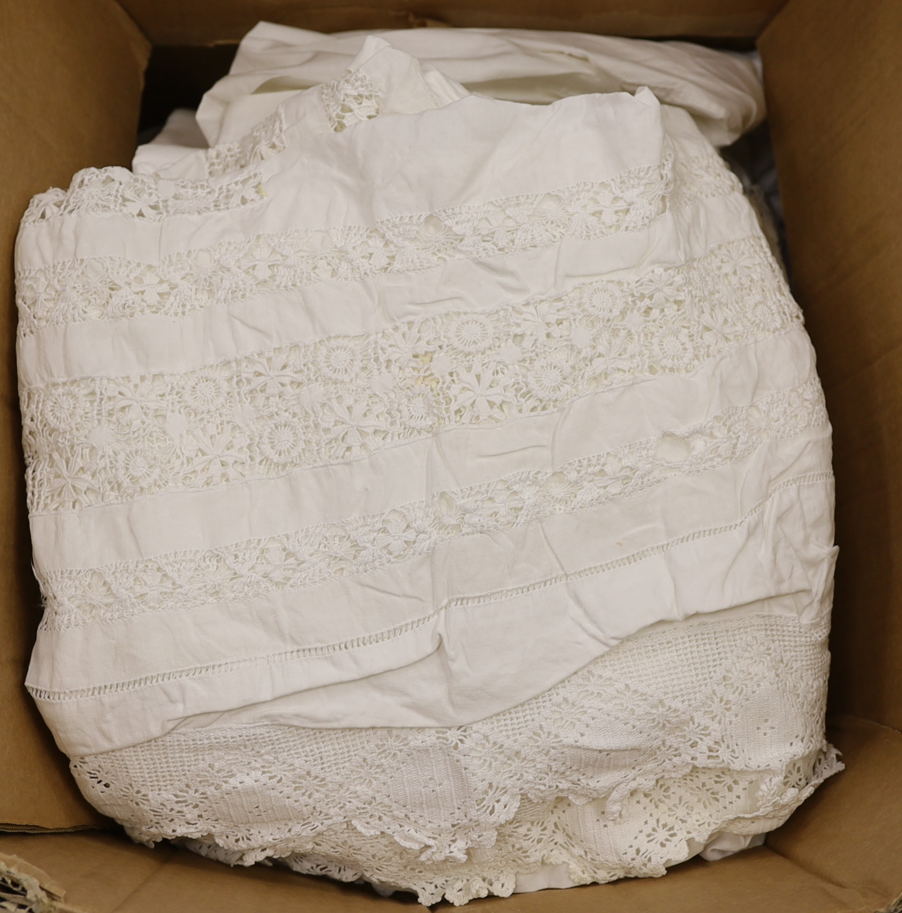 A quantity of embroidered crochet edged table cloths, runners, damask towels and napkins, and a Victorian style gentleman's bed shirt, etc.